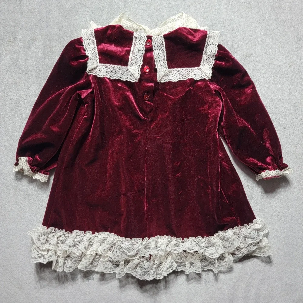 Little Precious‎ Vintage Burgundy Velvet Lace Dress Girls 24M Holiday Christmas